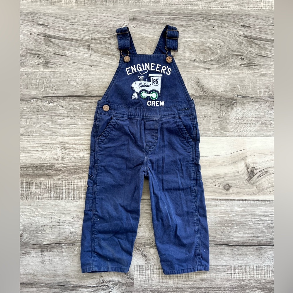 OshKosh B'gosh Overalls Bibs Embroidered ENGINEER’S CREW Train Boy Sz 18 Months